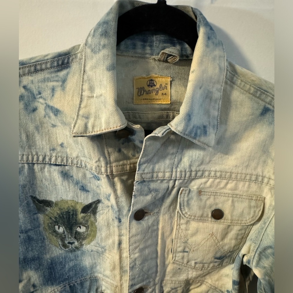VTG 50s WRANGLER BLUE BELL DENIM SANFORIZED JACKET 34 Tie Dyed Hand Painted Cat - Picture 11 of 15